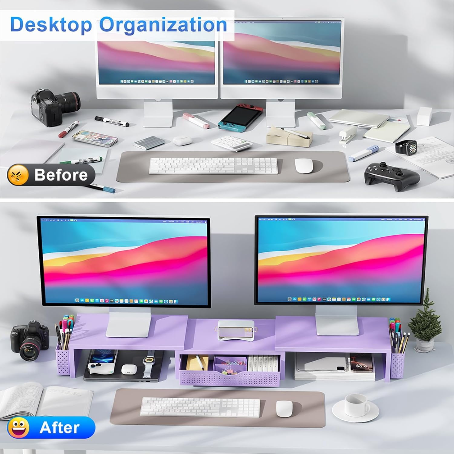 Dual Monitor Stand Riser with Organizer Drawer and Pen Holders, Purple Office Desk Accessory