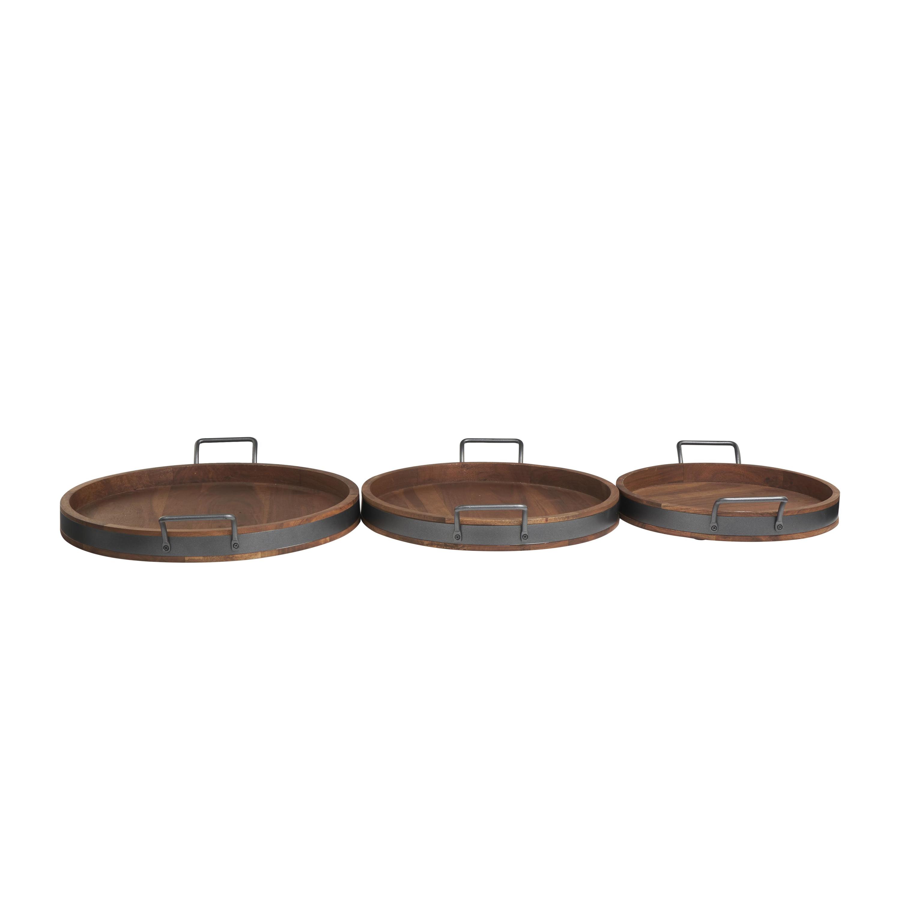 DecMode 22", 19", 18"W Brown Wood Nesting Tray with Black Metal Handles, 3-Pieces