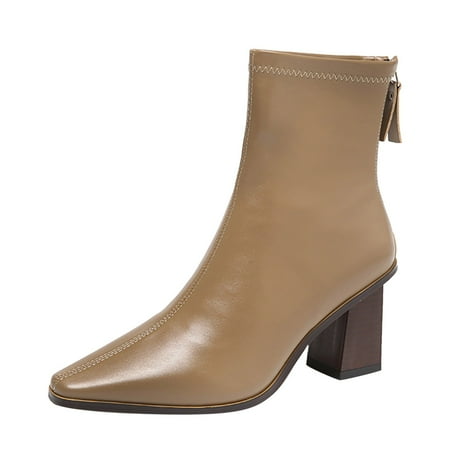 

nsendm Women s Boots Leather Fashion Autumn Women Ankle Boots Thick Heel Middle Boots for Women High Heel Peep Toe Khaki 7.5
