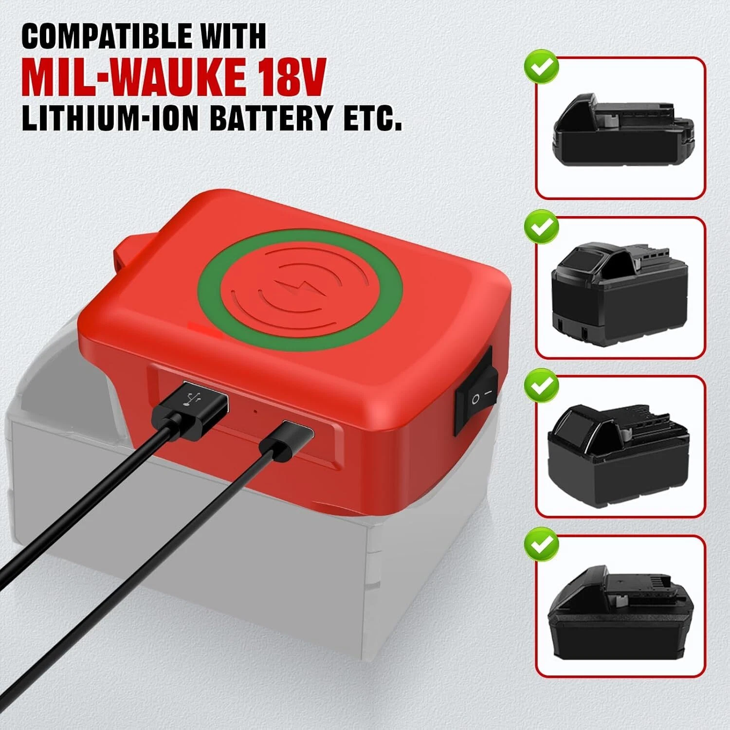 Wireless Charger Adapter for Milwaukee 18V Battery 15W for Phone with Type C USB