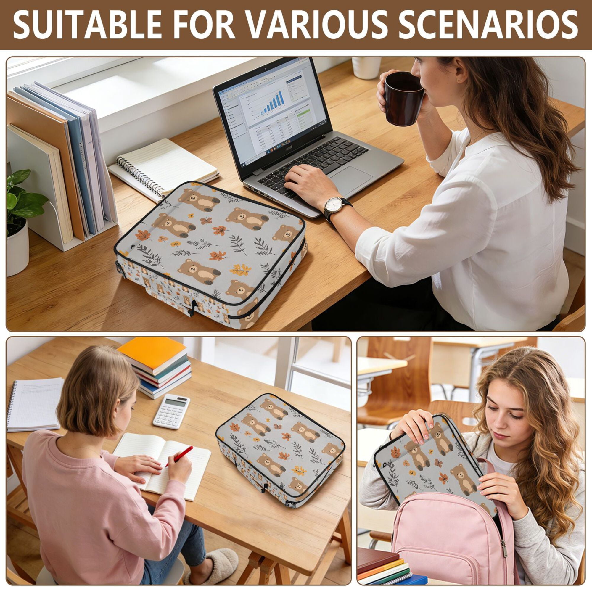 FORMRS Accordion File Folder A4 Size 7-Pocket Expanding Document Organizer Bag with 3 Ring Binder, Brown Cartoon Bears
