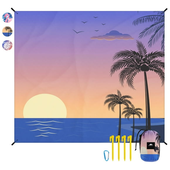 Manta de playa Rhino Valley, 215 x 245 cm, resistente a la arena, color morado con puesta de sol