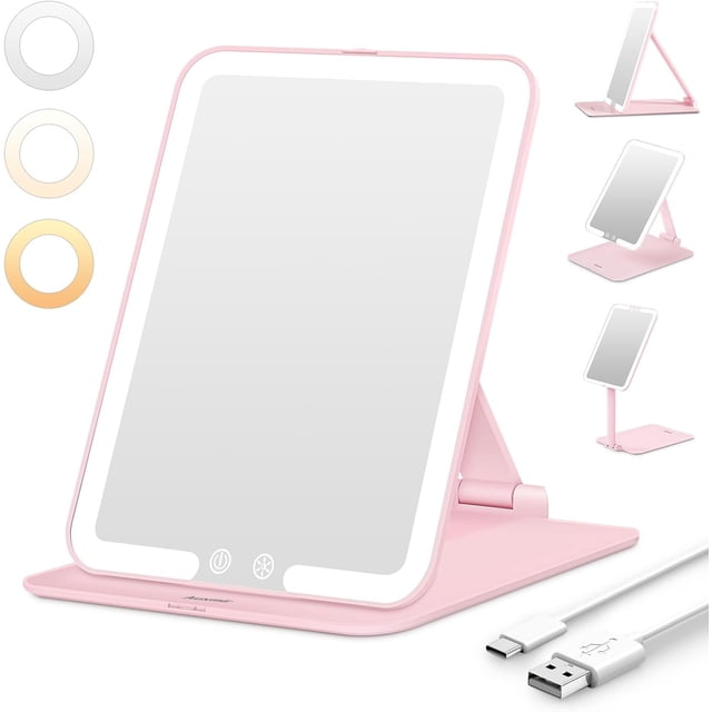 Rechargeable Travel Makeup Mirror Portable Travel Lighted Makeup Mirror with Color Modes Dimmable Compact Tabletop LED Vanity Mirror with Touch Screen