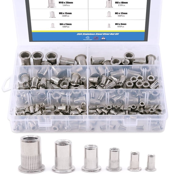 230Pieces Head Threaded Rivetnut Insert Nutsert Rivet Nut Assortment Kit 304 Stainless Steel Flat M4 M5 M6 M8 M10