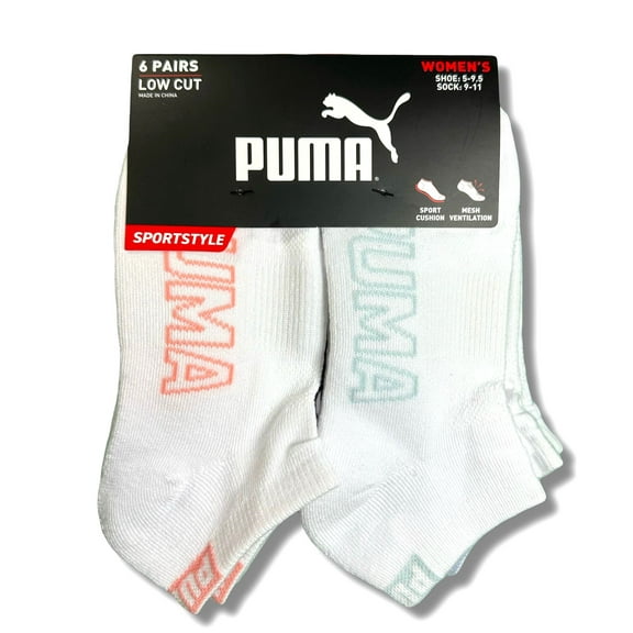 PUMA SOCKS WOMEN'S - LOW CUT 253 - SLATE WHITE PEACH - SHOE SZ 5-9.5 -PACK 6