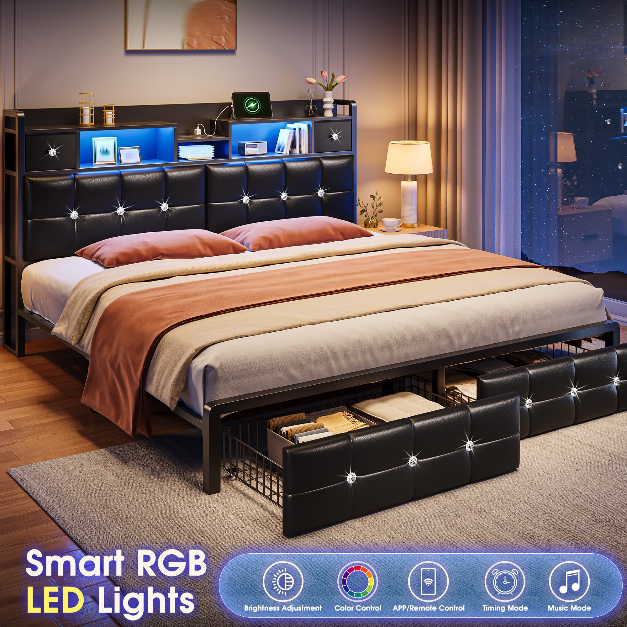 EnHomee Bed Frame with 2 Drawers King Size Bed Frame with Headboard & LED Lights Bed Frame with Storage & Headboard Drawers，Black