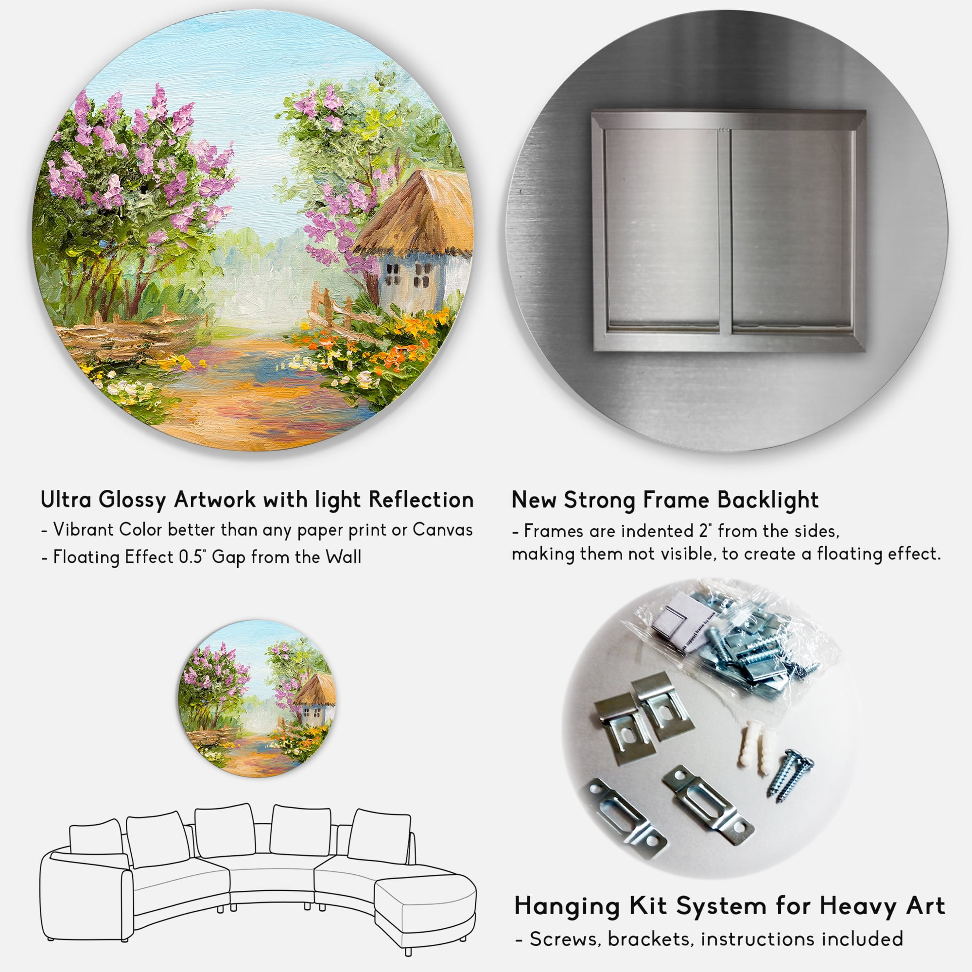 Designart 'Little House In The Blossoming Flowers Forest' Lake House Circle Metal Wall Art 11x11 - Disc of 11