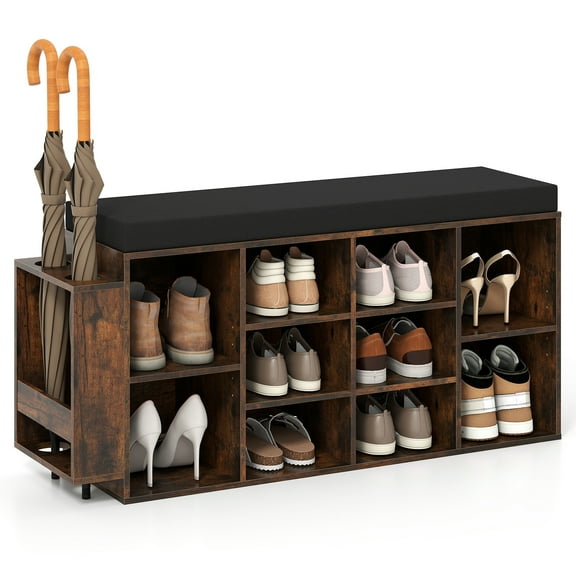 Gymax Shoe Storage Bench w/Umbrella StandPadded Seat Adjustable & Removable Shelves