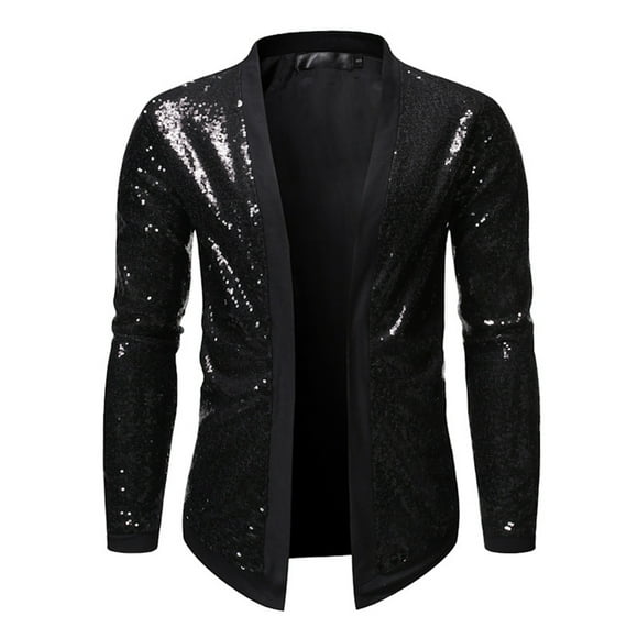 nsendm Mens Shirt Adult Male Shirt Big Man Sweater Men's Zip Up Sequin Lightweight Shiny Clubwear Cardigan Jacket Light Zippe Mens Smock(Black,S)