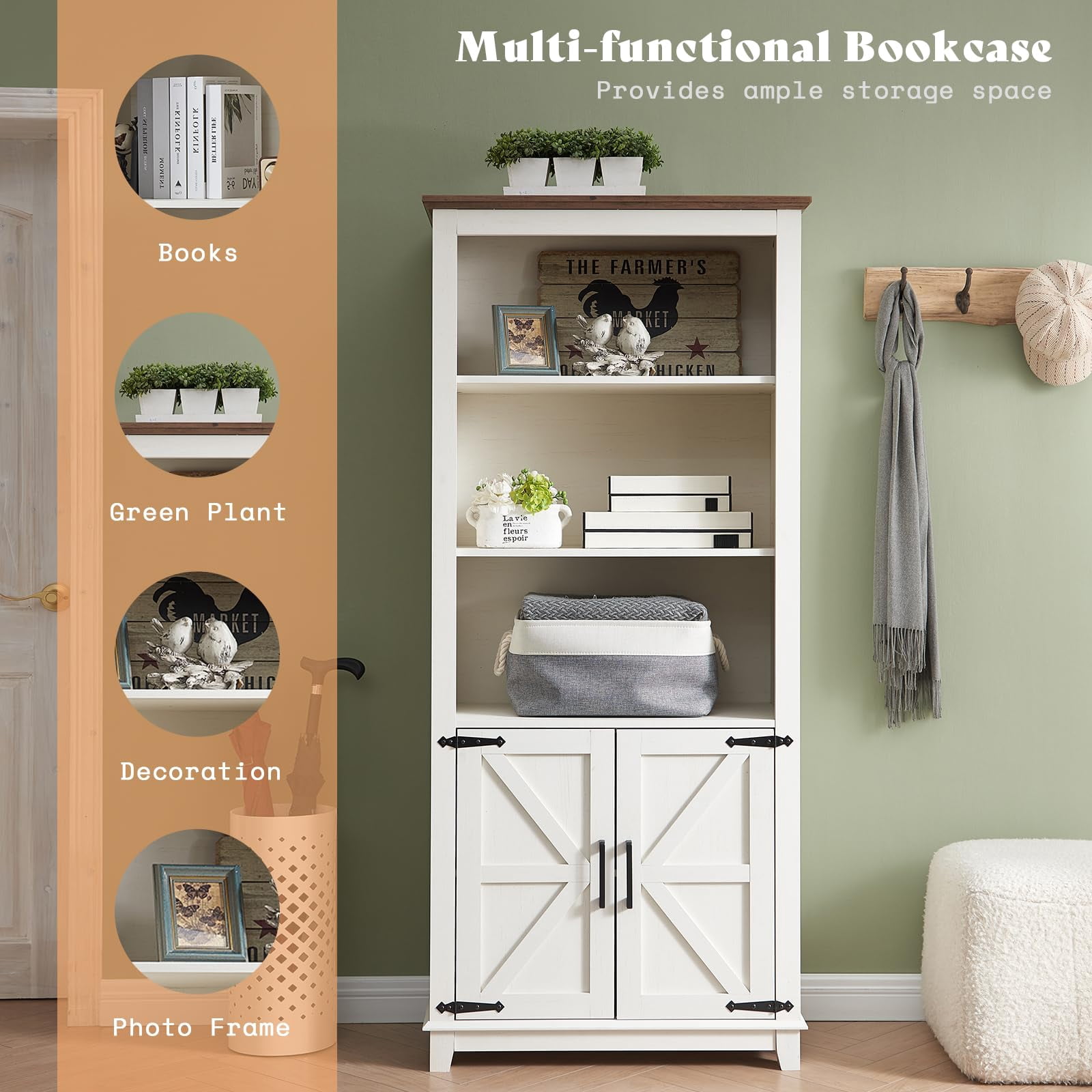 5-Shelf Farmhouse Bookshelf with Doors, 70" Rustic Display Cabinet & Large Storage for Home Office, Living Room, Bedroom, Off-White