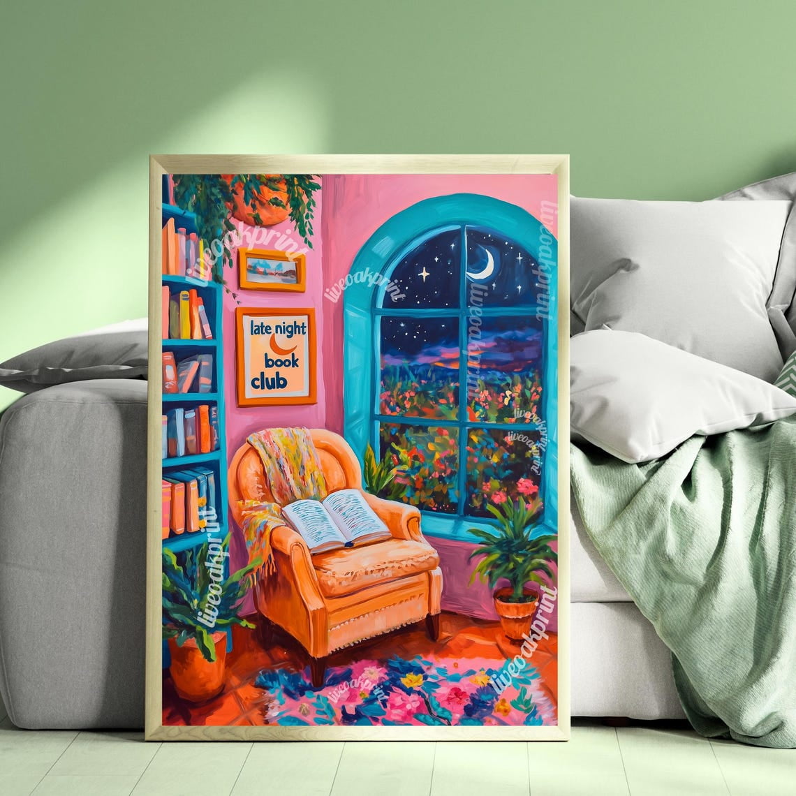 Late Night Book Club Wall Art Print Cute Cozy Reading Bookish Girl Vintage Living Room And Gallery Wall Decor
