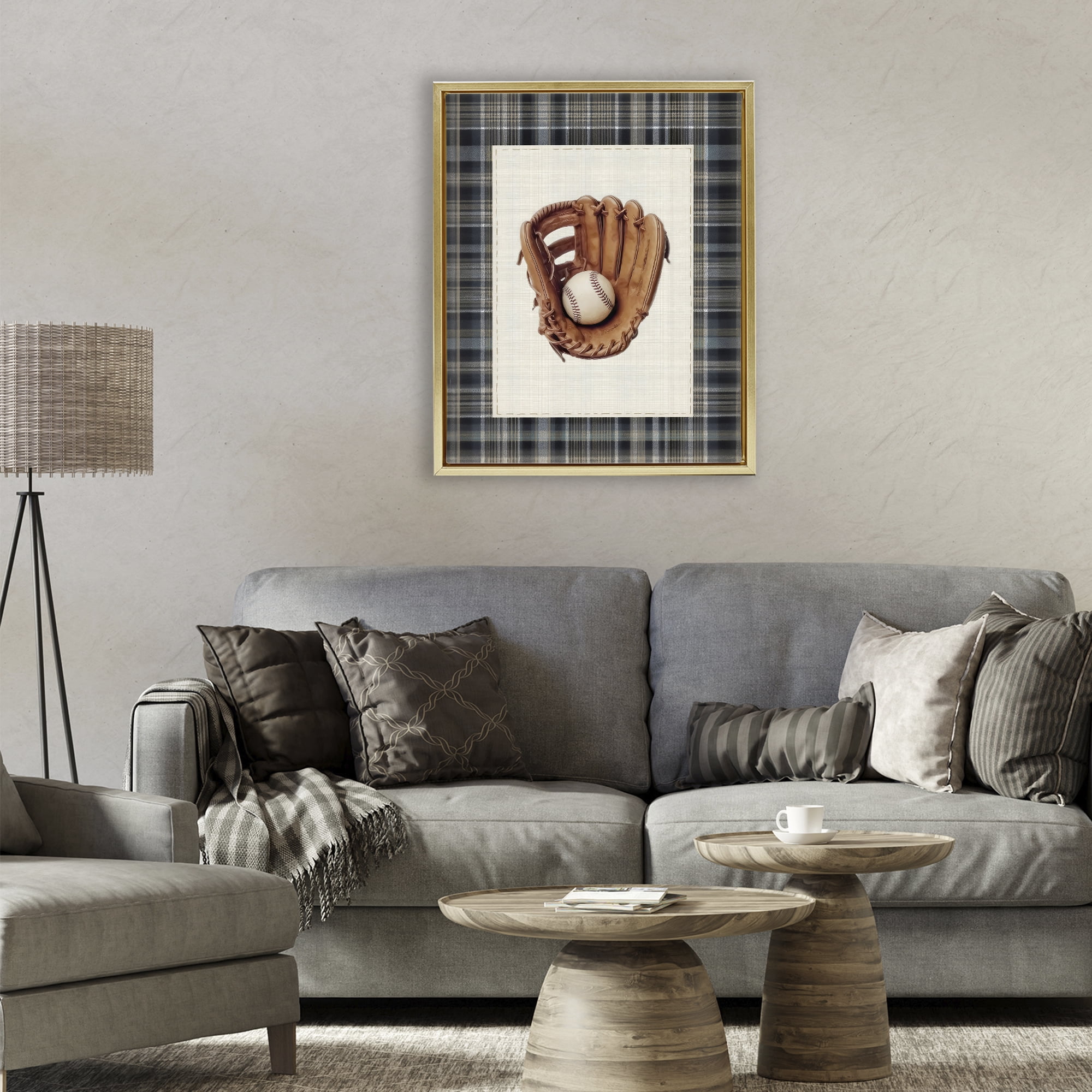 Stupell Industries Baseball Glove with Plaid Gold Framed Floater Canvas Wall Art, design by Arlington Prints