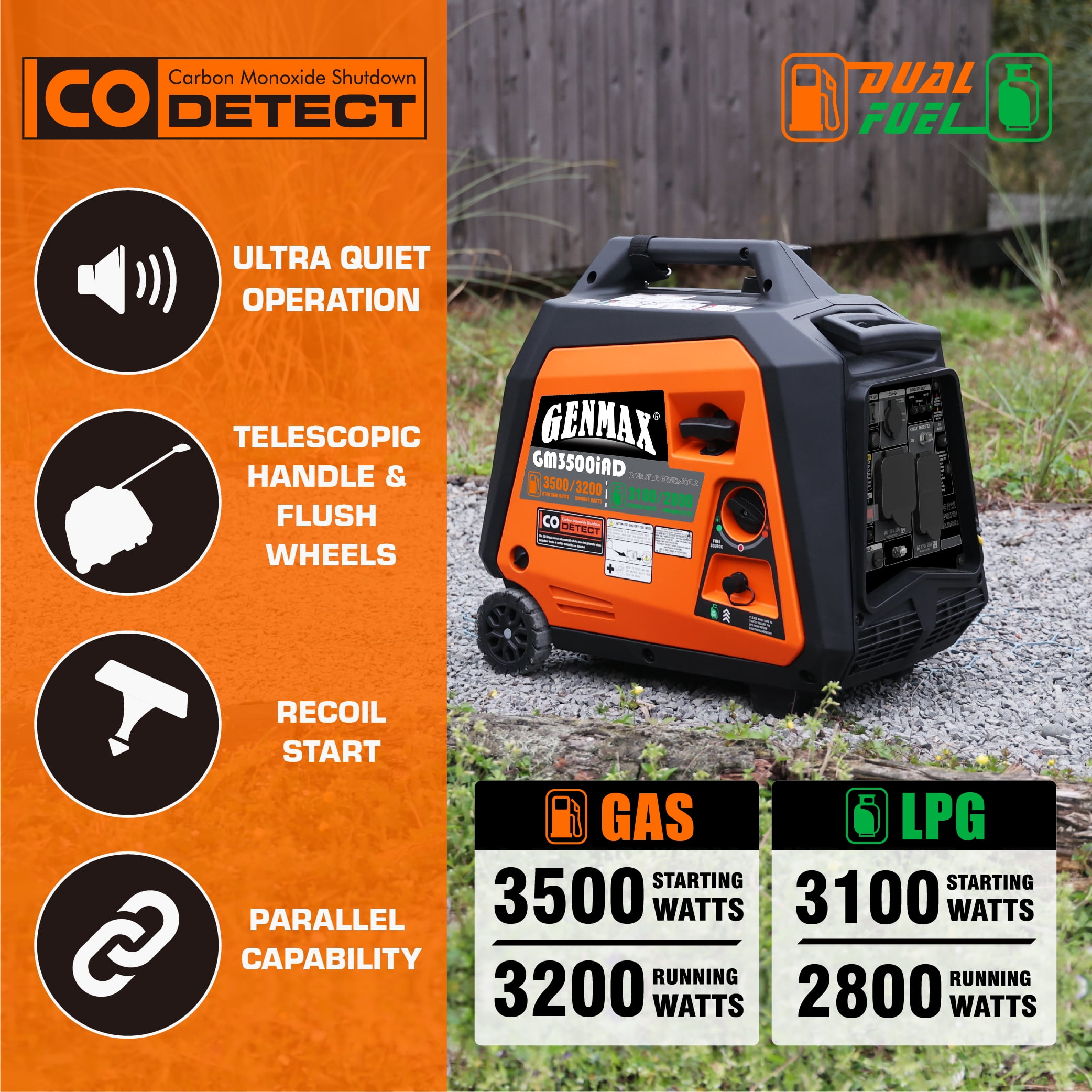 Genmax 3200W Dual Fuel Pull Cord Start Inverter Generator, CO Detect Shutdown