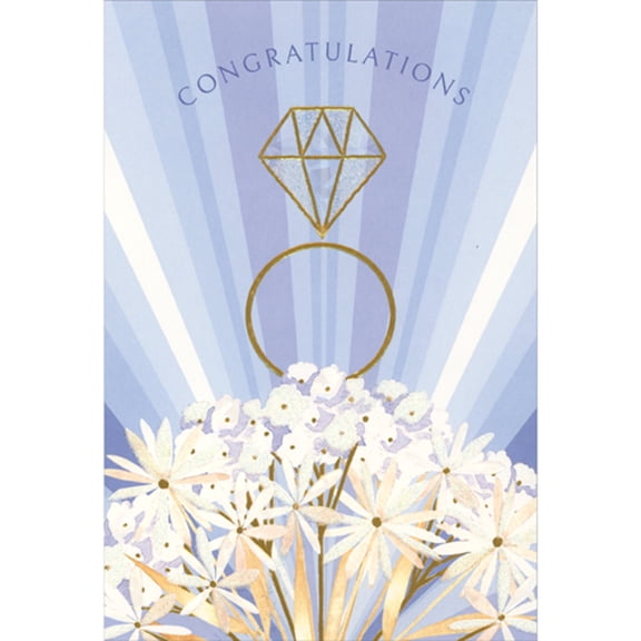 Pictura Diamond Ring with Gold Foil Accents Over Shimmering White Flower Bouquet Congratulations Engagement Card