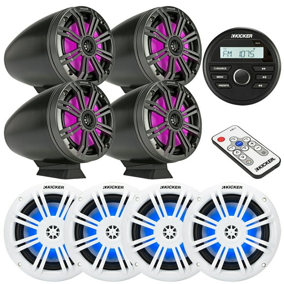 Kicker 46KMC2 All-Weather Marine Bluetooth USB/AUX AM/FM Gauge Style Media Center Receiver, 4x 6.5" 150W Max RGB LED Boat Speakers, 4x 6.5" 195W Max RGB LED Black Tower Speakers w/Grilles, LED Remote