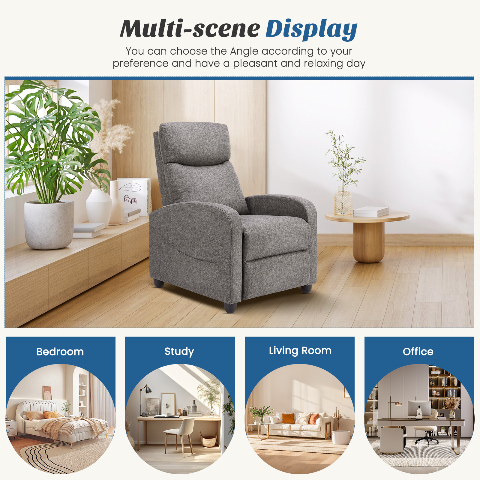 JIOABL Recliner Sofa, Adjustable Comfort Footrest for Living Room, Lounge, Bedroom, Gray