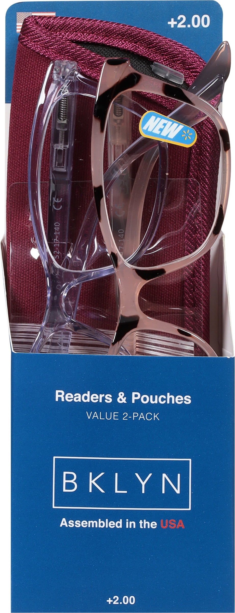 (2 pack) Bklyn, Marcy +2.00, Adult, Womens, Plastic Reading Glasses & Pouches Value Pack , 2 Ea