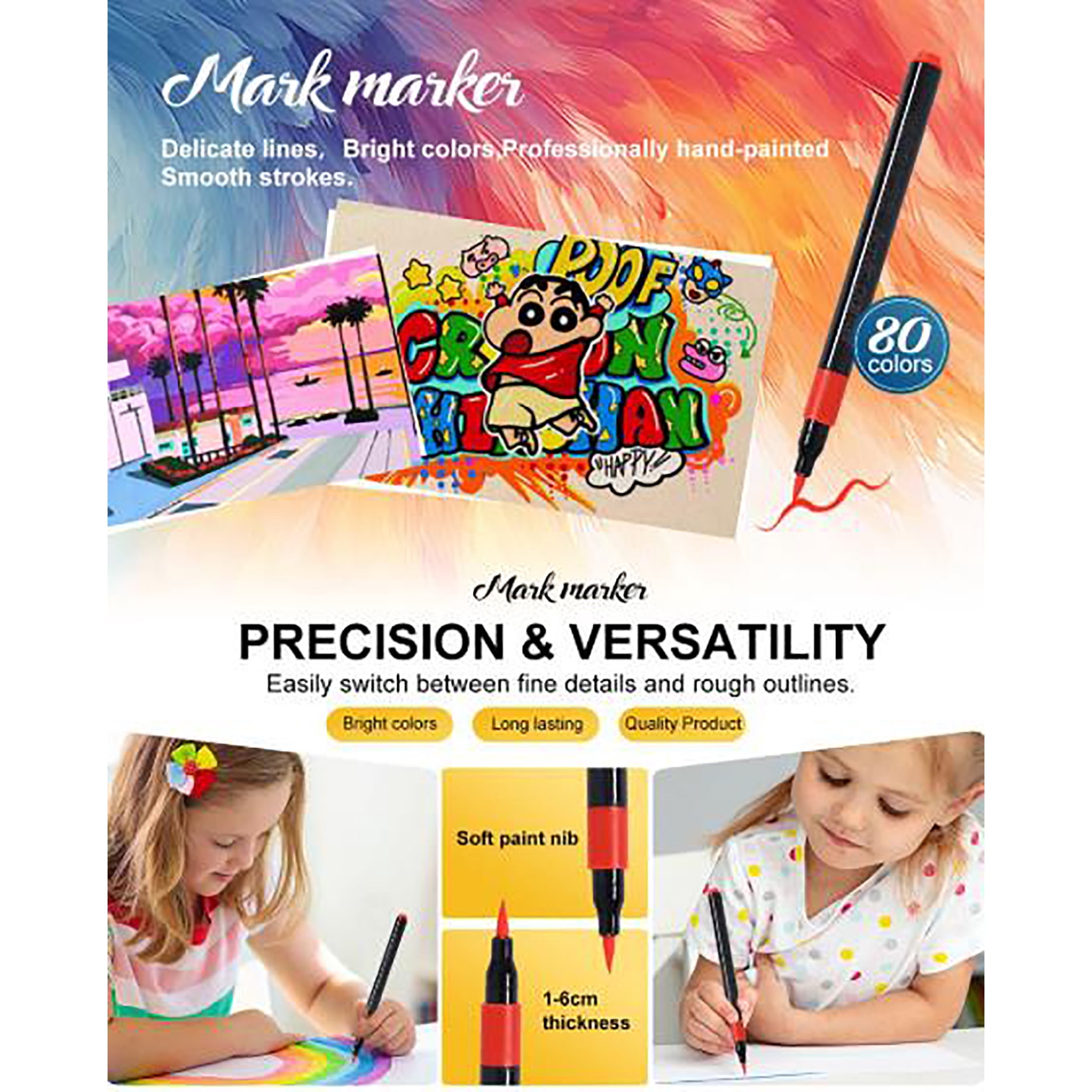 Creative Markers, Water-Based Acrylic Markers, Brush Tip, Assorted Colors, 12-80 Count,