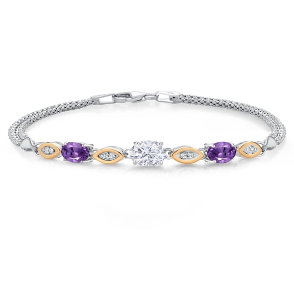 Gem Stone King 925 Silver and 10K Yellow Gold White Moissanite and Purple Amethyst and White Lab Grown Diamond Bracelet for Women (1.86 Cttw, Gemstone, Oval, Wheat Chain, 6.5 inches)