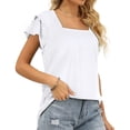thumbnail image 2 of Ruyang Women's Summer Tops Solid Color Square Neck T Shirt With Double Layer Ruffle Edge Sleeve Loose Top Cotton Tops Women Casual, 2 of 5
