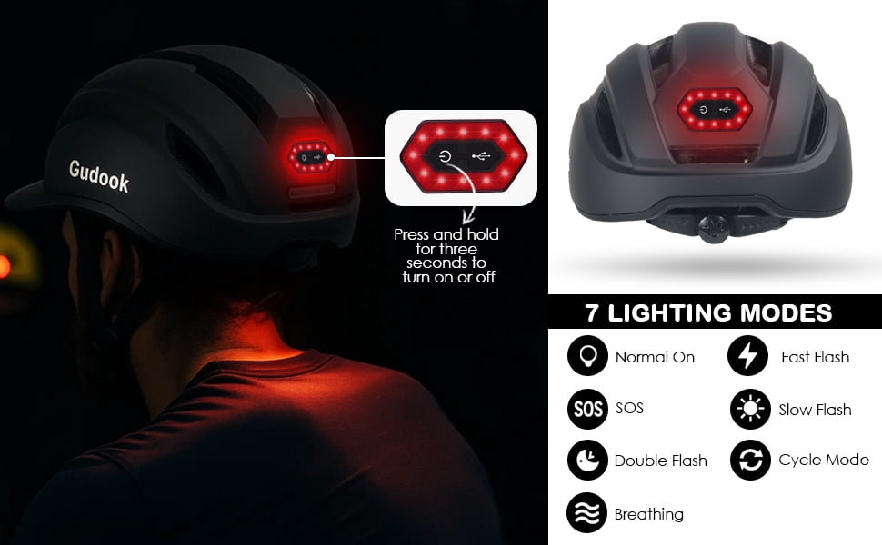 Gudook Adult Bike Helmet for Men - Women Bicycle Helmet with LED Rear Light - Certified Comfort Adjustable Baseball Cap Style Cycling Helmets for Urban Commuter Road Biking Scooter