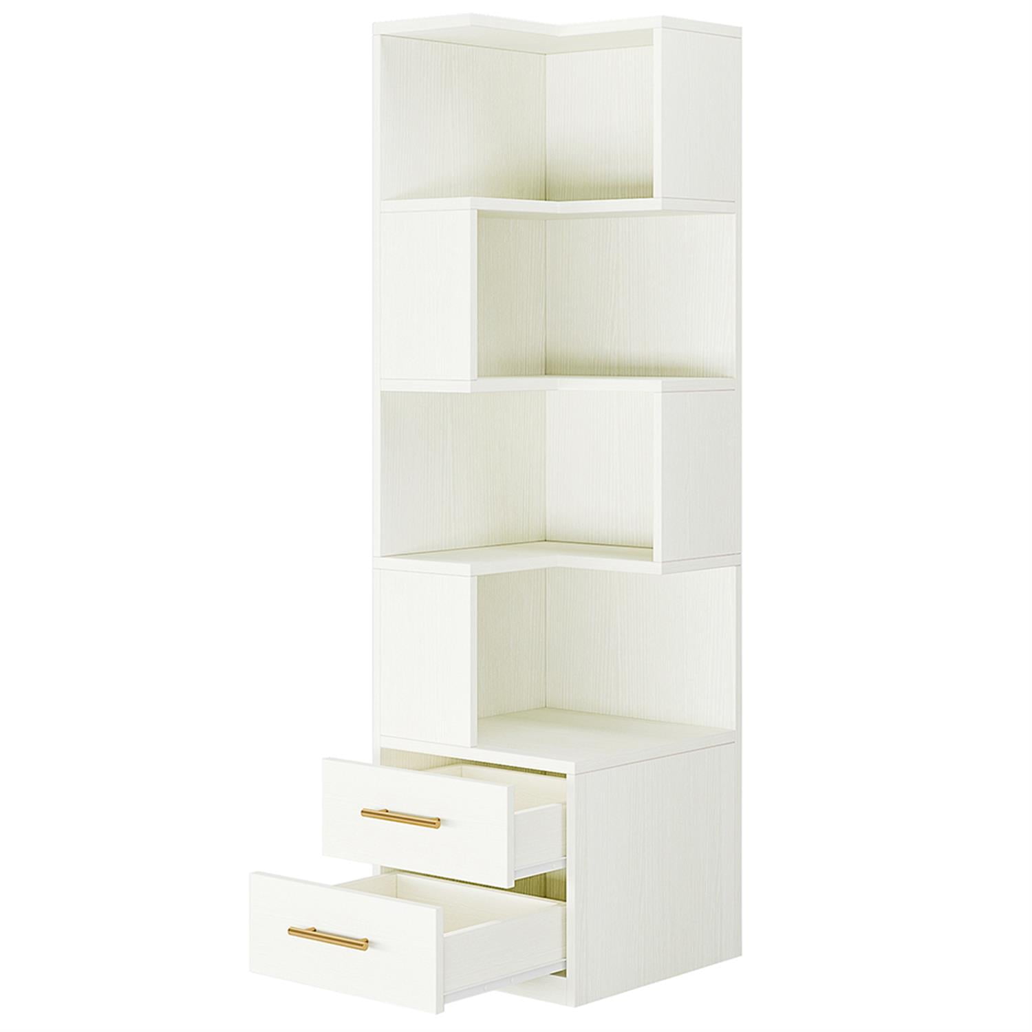 Demi Bonn 5 Tier Corner Bookcase with 2 Drawers, Wood Bookshelf Storage Organizer, L-Shaped Display Standing Shelf Unit for Bedroom, Living Room, White