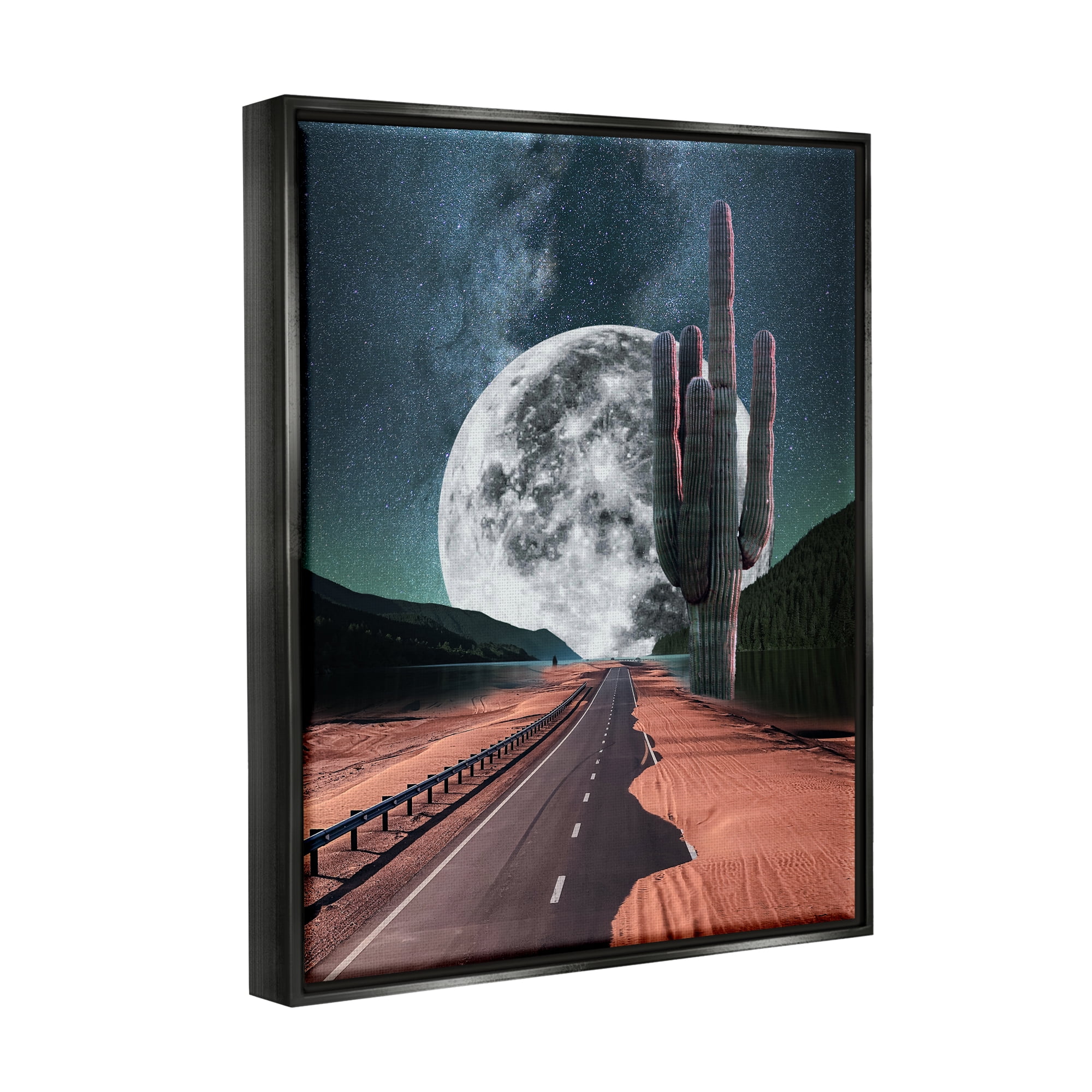 Stupell Industries Surreal Moon & Desert Highway Landscape Painting Black Floater Framed Canvas Art Print Wall Art, 25 x 31