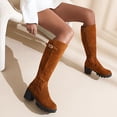 thumbnail image 4 of hopeusnice Women's Knee High Boots Suede Buckle Chunky Heel Winter Warm Booties Fashion Comfortable Over The Knee Boots Brown 36, 4 of 5