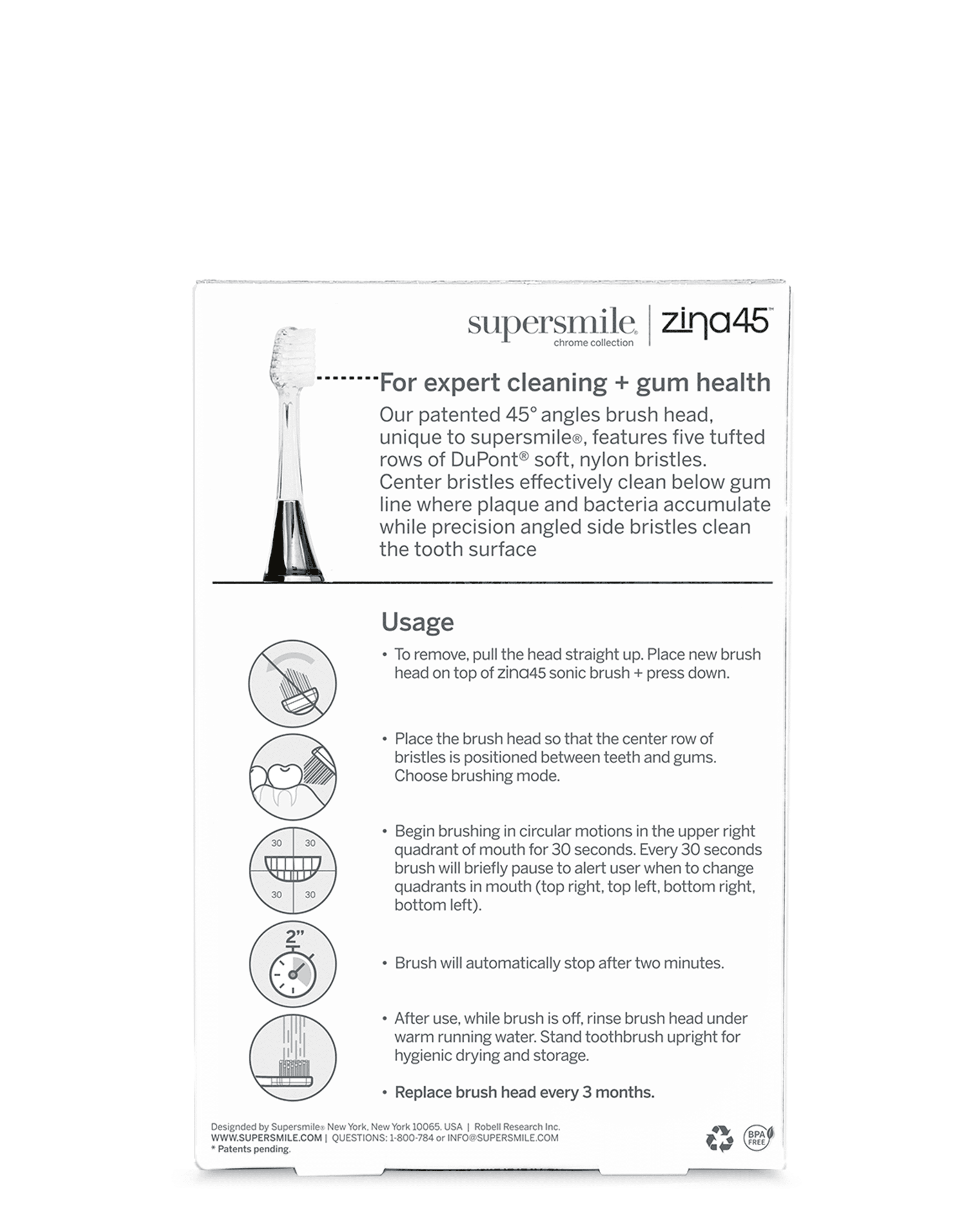 Supersmile Replacement Brush Heads for Zina45 Sonic Pulse Electric Toothbrush, Charcoal (Pack of 2)