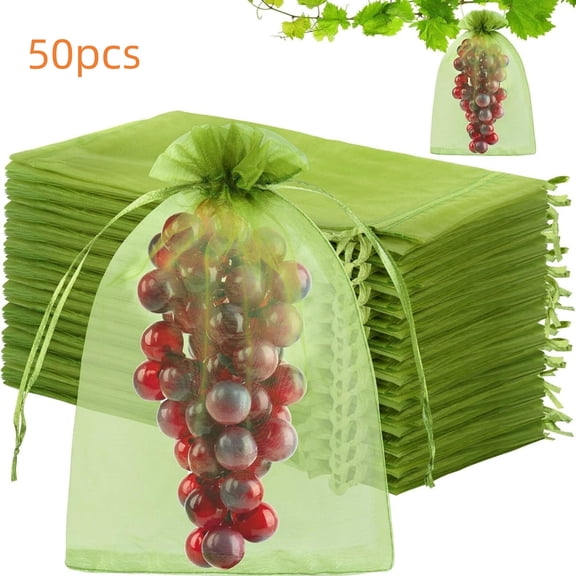 50pcs Fruit Protection Netted Bags,8 x 12 Inch Green Netting Cover Bags with Drawstring, Pest Barrier for Trees, Garden Cover Mesh Bags for Plant Fruit, Flower and Vegetables