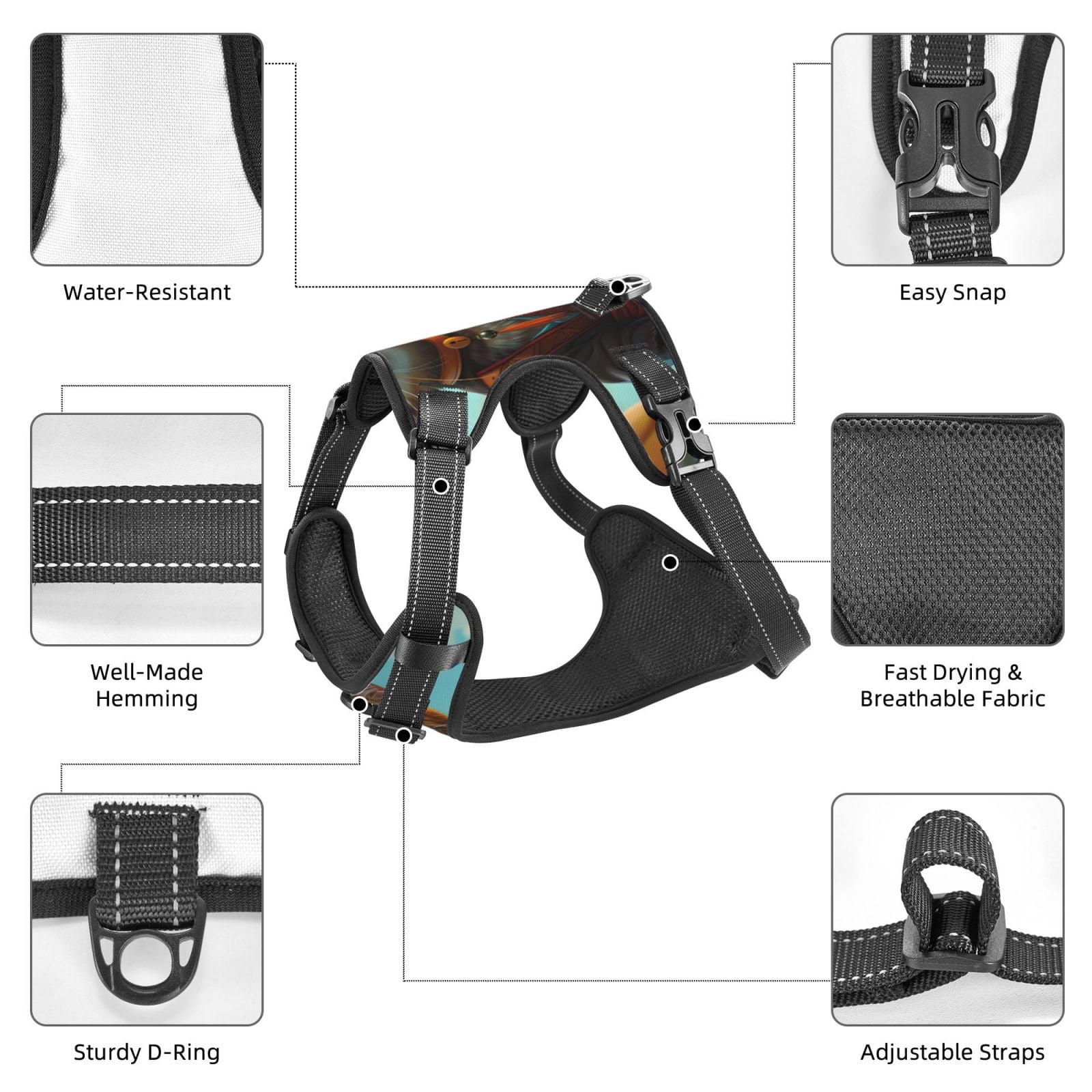 Vsdgher Riverside Meditating Cat Pattern Dog Harness,No Pull Pet Harness with Soft Padded Handle,Adjustable Reflective Vest with 2 Buckles,4 Slide Buckles,S-XL