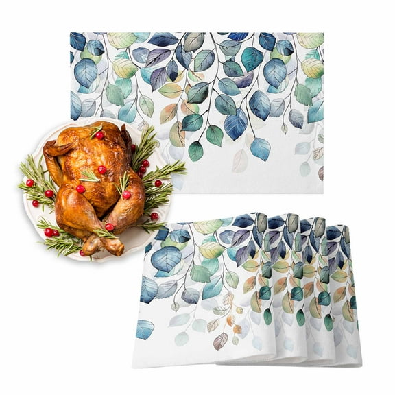 Fall Placemats Set of 6 Watercolor Plant Place Mats Thanksgiving Placemat Blue Autumn Leaves Table Mats for Dining Kitchen Table Holiday Dinner Party Home Fall Decorations 13x19 Inch