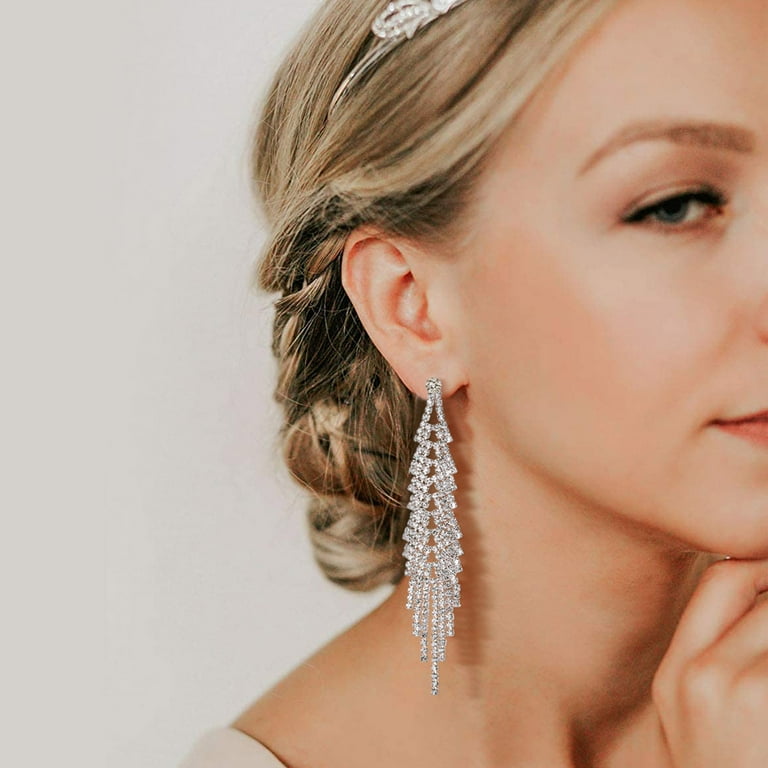 FOCALOOK Long Crystal Tassel Drop Fashion Earrings, Silver