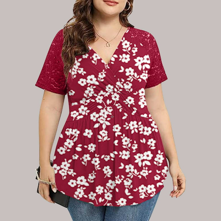 Xihbxyly Plus Size Tops for Women Blouse T Shirts Women Lace Top Sexy Plus Size Dressy Party Tops for Women Womens Cutout Asymmetric Lace Short Sleeve T-shirt V-Neck Tops Red,4XL -