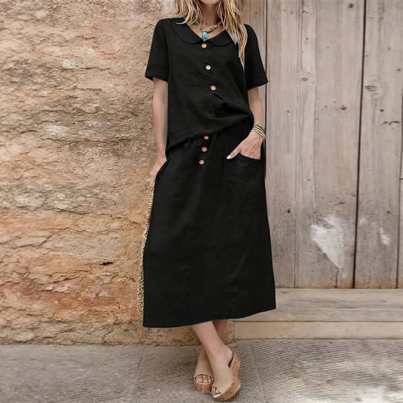 ClodeEU Women's Round Neck Short Sleeve Top and Skirt Set ,Casual Solid Color Two Piece Outfit Black,Women's Plus L