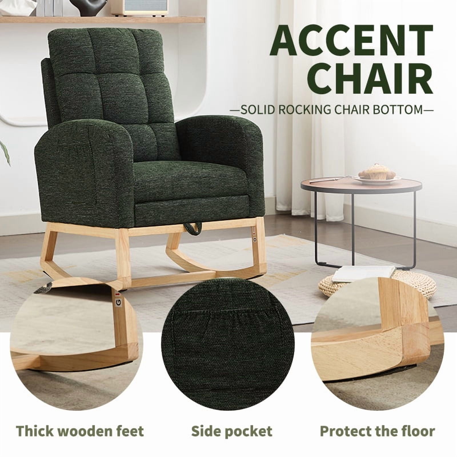 New Modern Accent Rocking Chair Rocking Chair with Solid Wood Legs, adjustable Footrest,Comfy Armchair with Side Pocket, Living Room Lounge Arm Chair with High Backrest