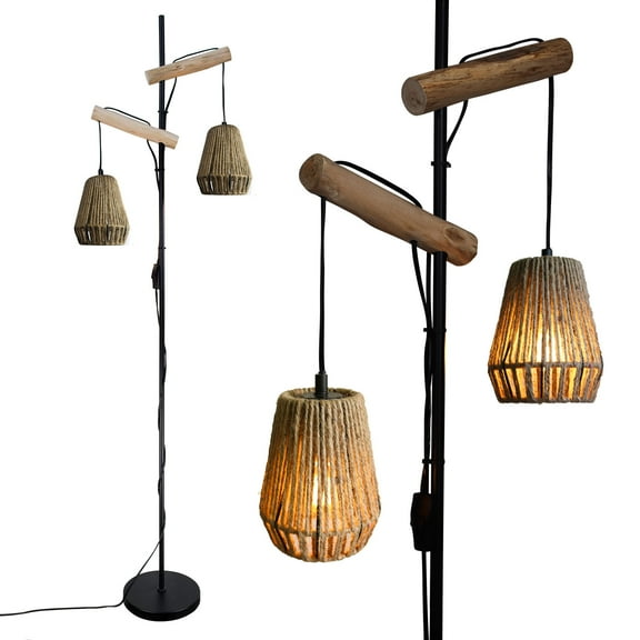 Boho Floor Lamps Unique Hanging Floor Lamp in Natural Cotton Rope, Rustic Stylish Bohemian Lampshades Floor Lamps for Bedroom Living Room Office Home Décor
