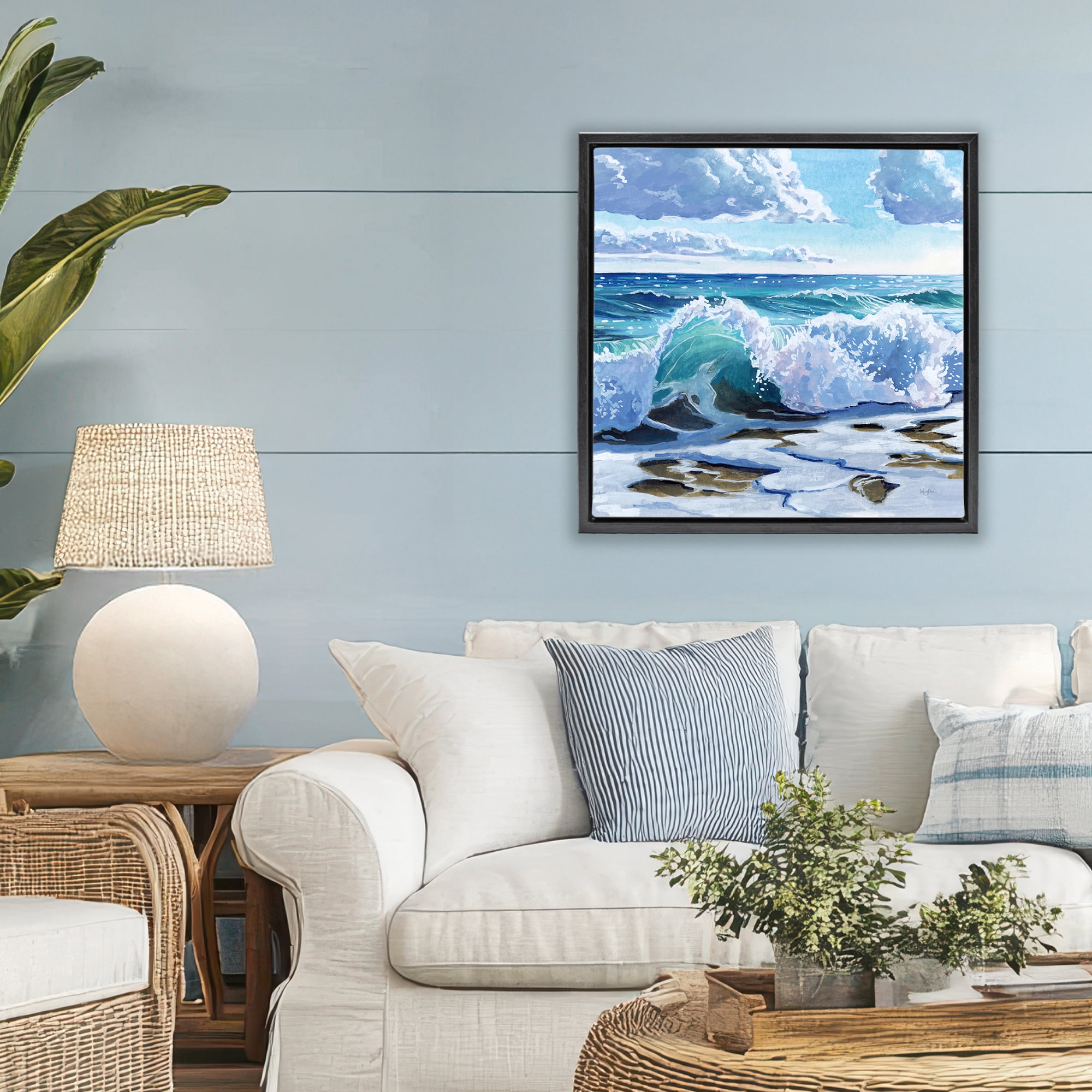 Stupell Industries Curling Aqua Wave on Shore Black Framed Floater Canvas Wall Art, design by Kate Jarvik Birch