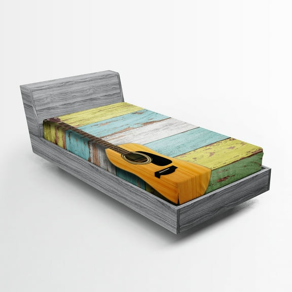 Ambesonne Music Fitted Sheet, Aged Wooden Planks Rustic, Twin XL Size, Multicolor