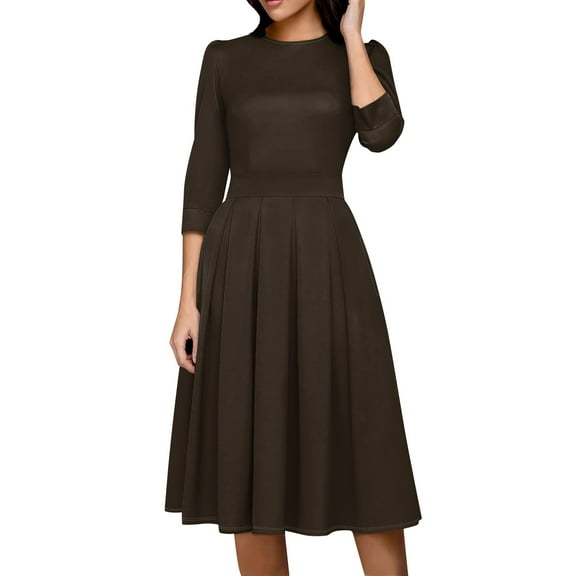 LISTHA Women's Fall 3/4 Sleeve Midi Dresses Casual Formal Church Wedding Guest Work Clothes Brown 2XL