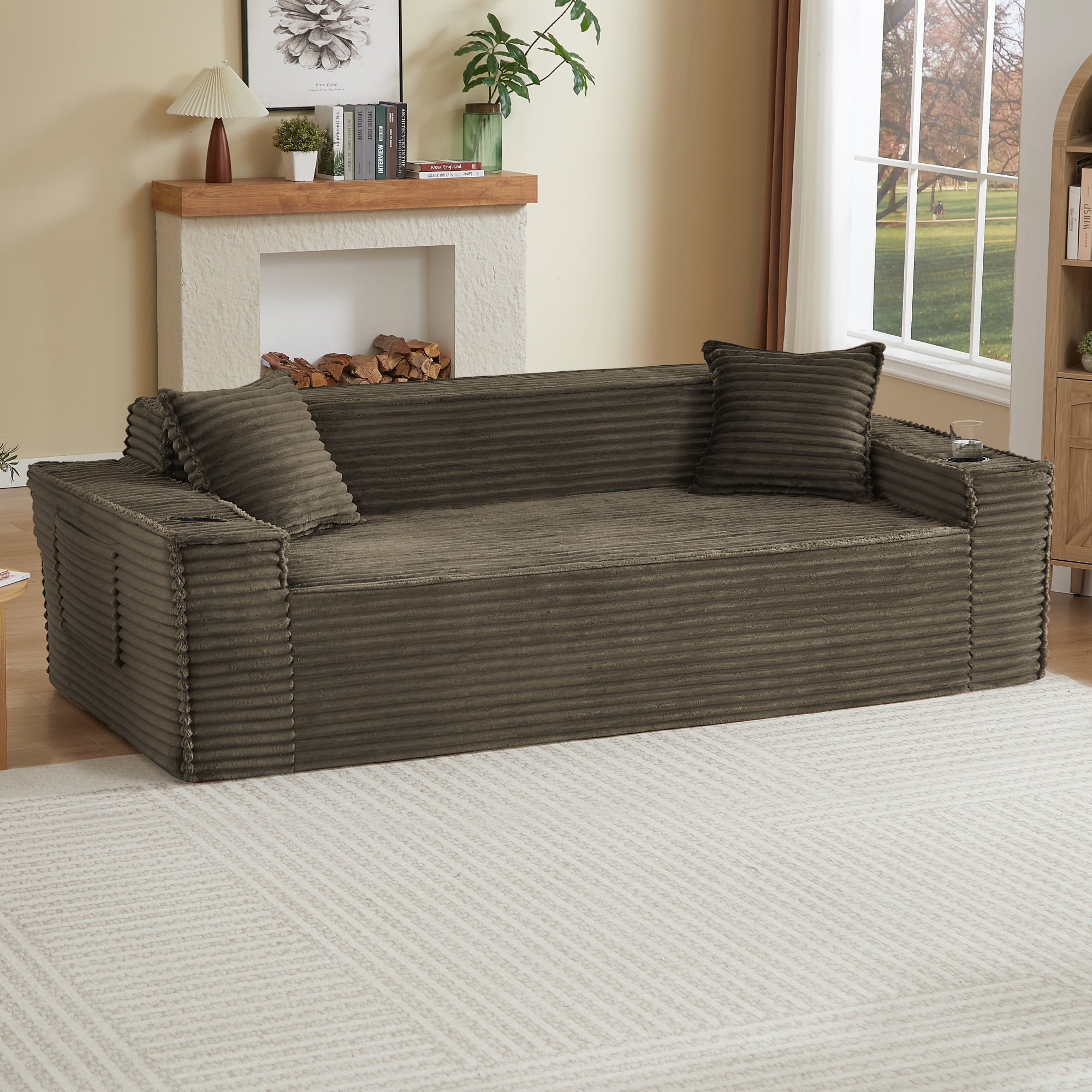 Leumius 3 Seater Cloud Sofa,Boneless Couch with Cupholders,Upholstered Corduroy Fabric Modern Loveseat with Deep Seats for Living Room Bedroom,No Assembly Needed,Brown