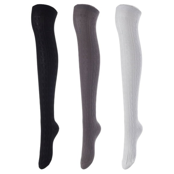 Lovely Annie Women's 3 Pairs Incredible Durable Super Soft Unique Over Knee High Thigh High Cotton Socks Size 6-9 A1024 Black,Dark Grey,Grey