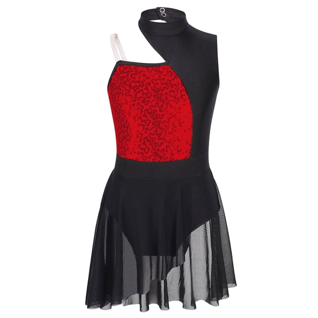 Raenseen Robe de Ballet Sans Manches pour Filles Épaules Dénudées Style Patchwork à Sequins Rouge Lyrique 14
