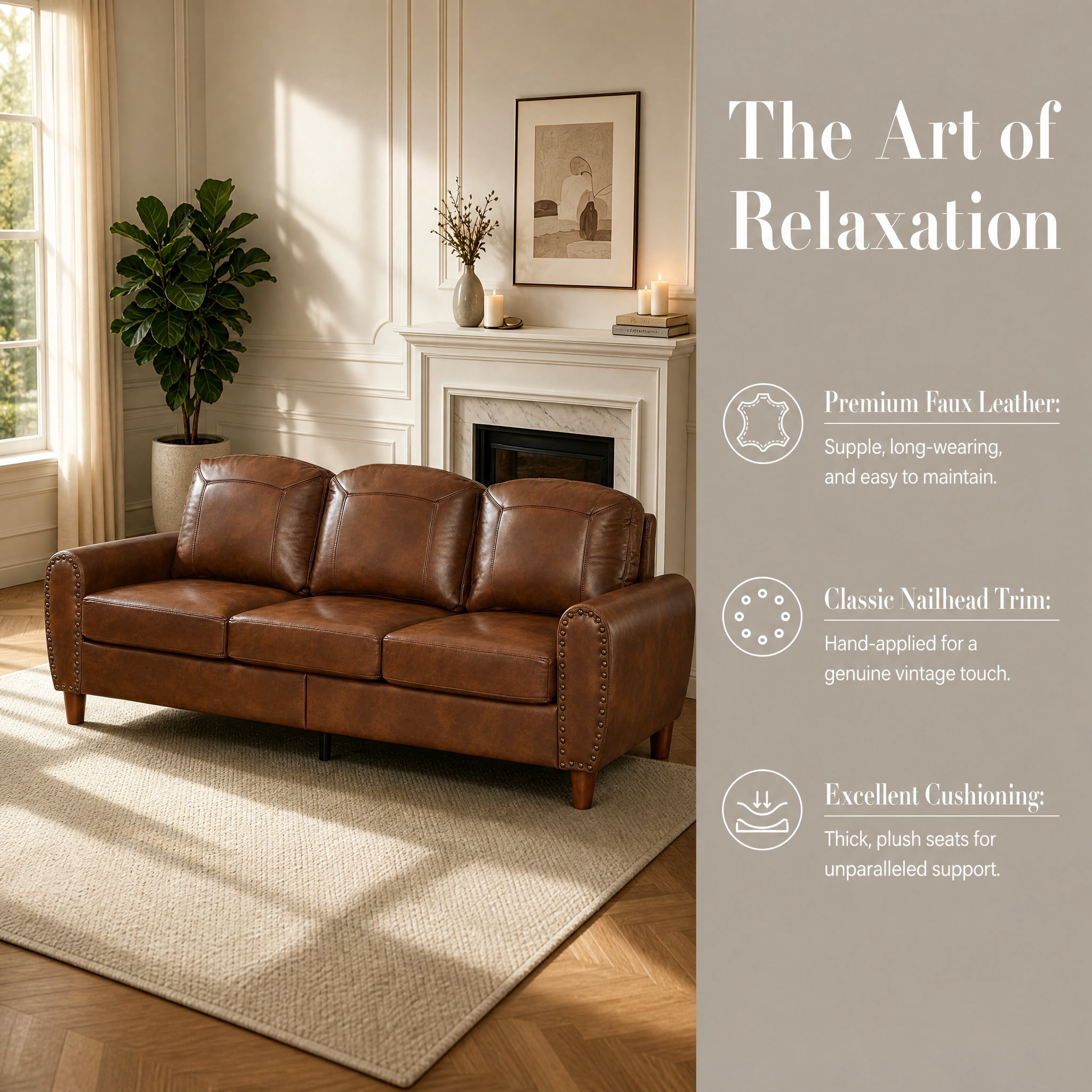 Mid-Century Modern Faux Leather 3-Seater Sofa,81.5"W Classic Rolled Arm Sofa Couch with Brass Nailhead Trim & Solid Wood Legs,Apartment,Living Room,Brown