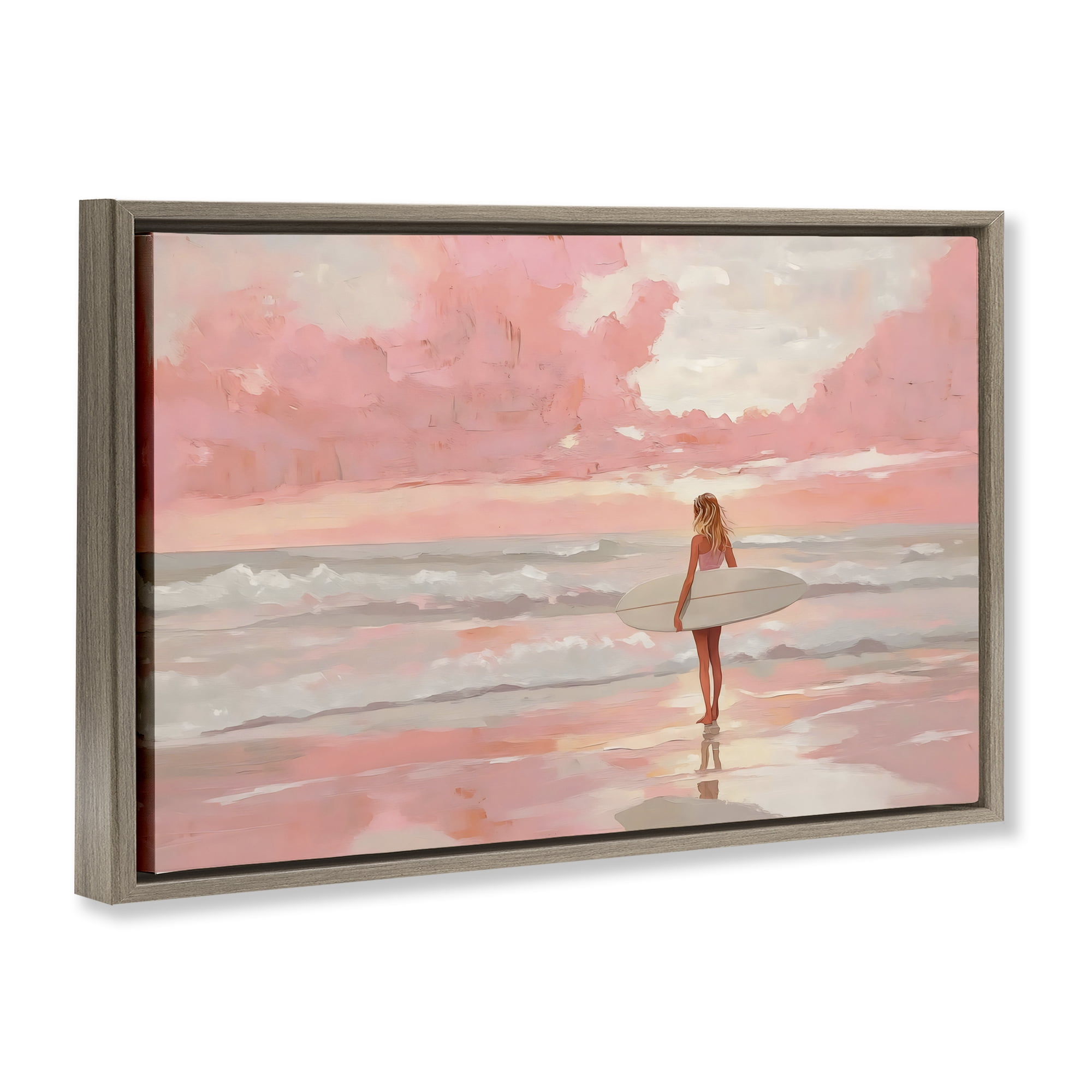 Pink Sky Surfer Brown Framed Floater Canvas Wall Art, design by LSR Design Studio