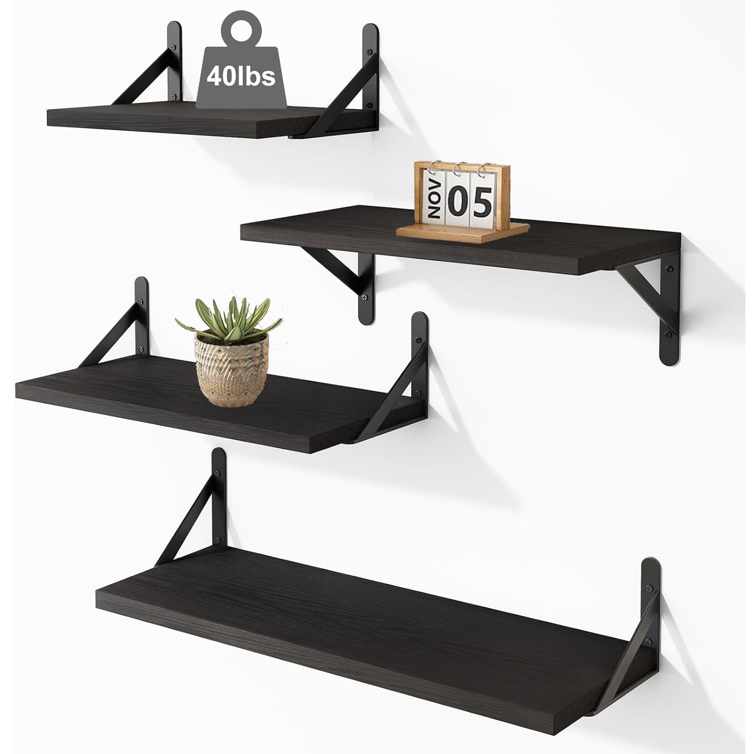 Set of 4 Wall-Mounted Floating Shelves W/Triangle Bracket, Multisize Black Rustic Wood Storage Shelf for Living Room Kitchen Bedroom Bathroom