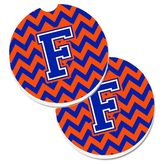 Carolines Treasures CJ1044-FCARC Letter F Chevron Orange & Blue Set of 2 Cup Holder Car Coaster
