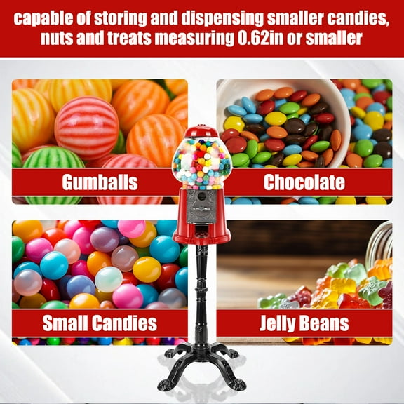 15" Commercial Red Gumball Machine with Stand - Key & Coin Operated Candy Dispenser, Adjustable Vintage Style Bubble Gum Machine for Halloween Christmas Party Decor (37" Height)