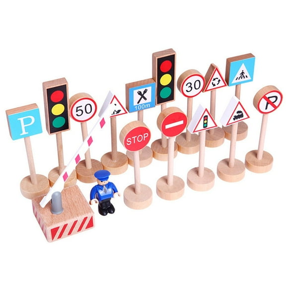 AMERTEER 16 Piece Wooden Traffic Signs Driving Games Guide Craft Road Construction Traffic Sign Set Street Signs for Children Play