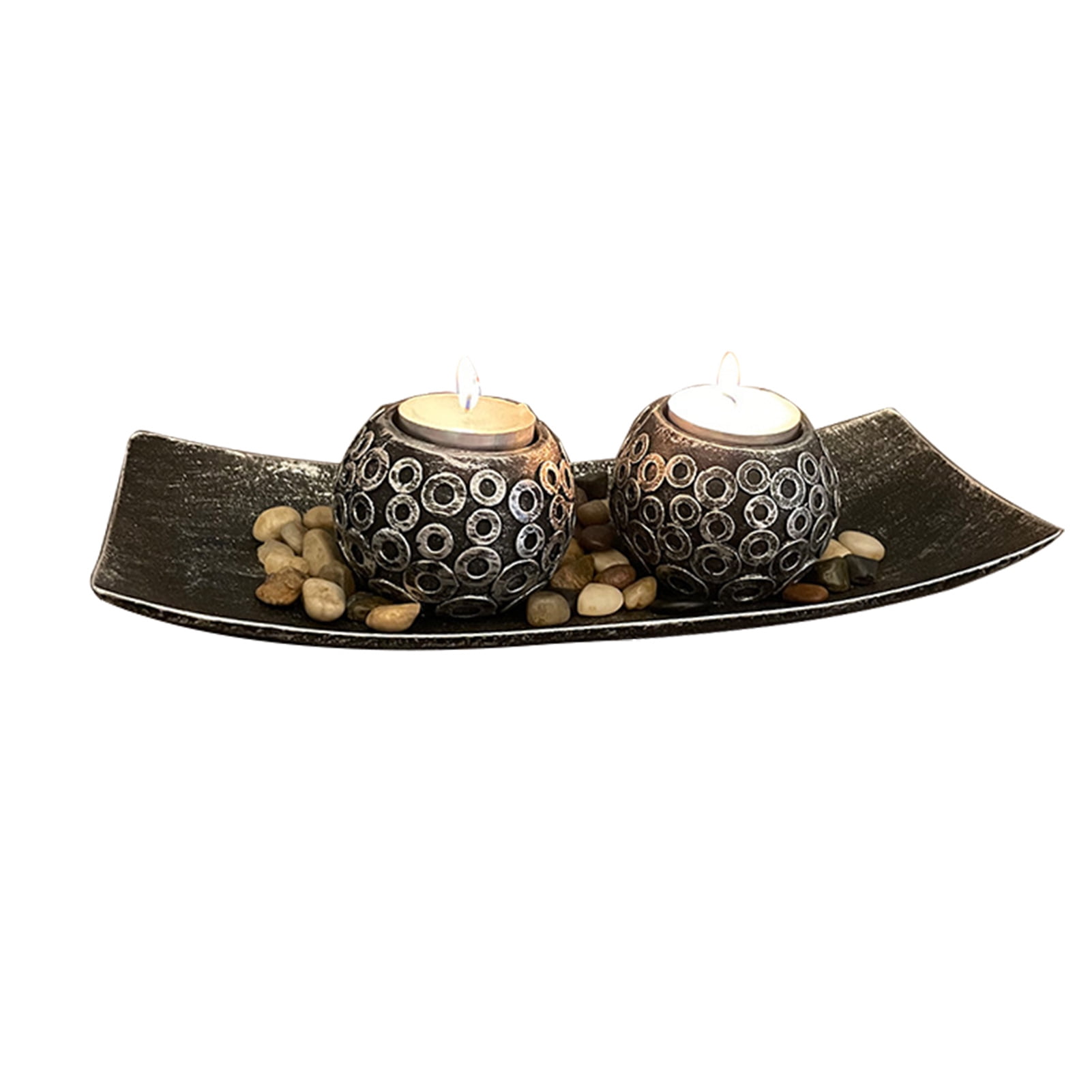 Set Of Tea Light Holders On Wooden Tray With Pebbles 